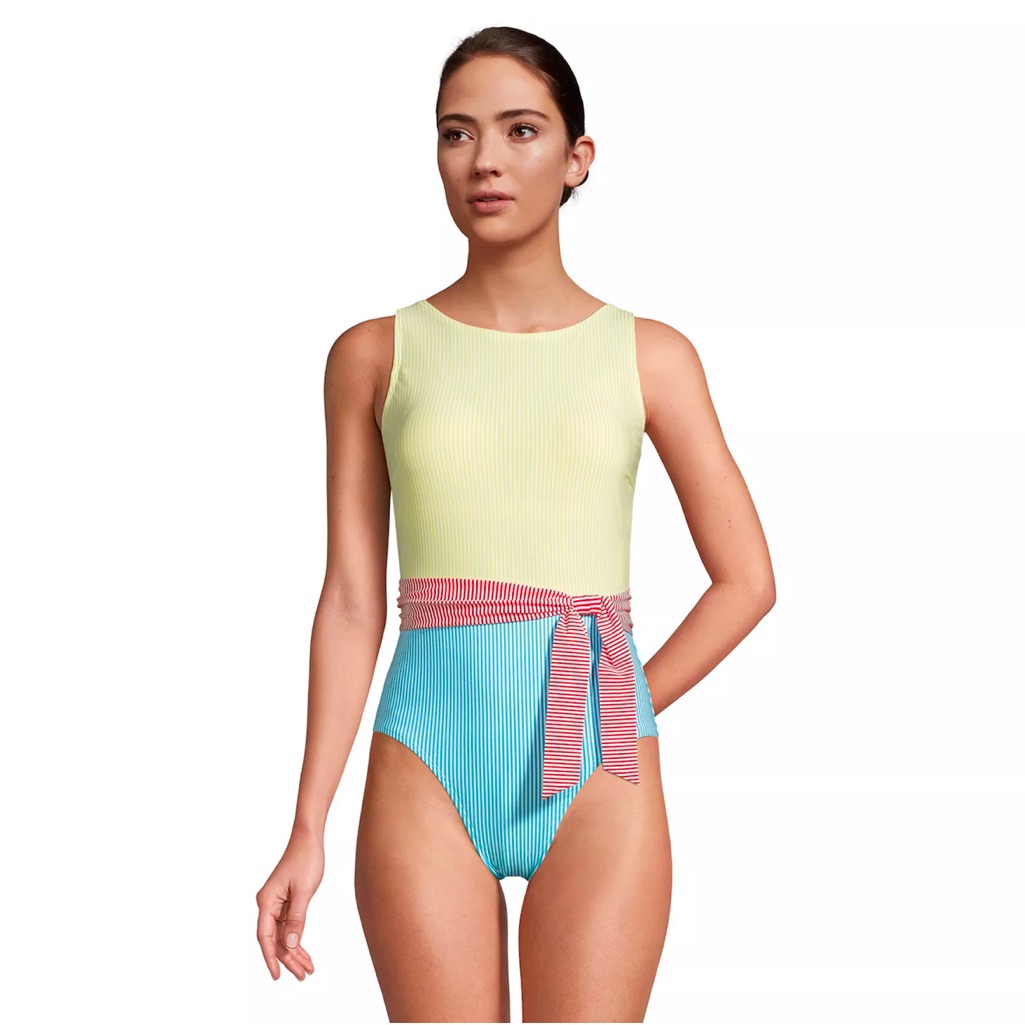 Lands' End High-Neck Seersucker Tummy Control Women's One-Piece Swimsuit